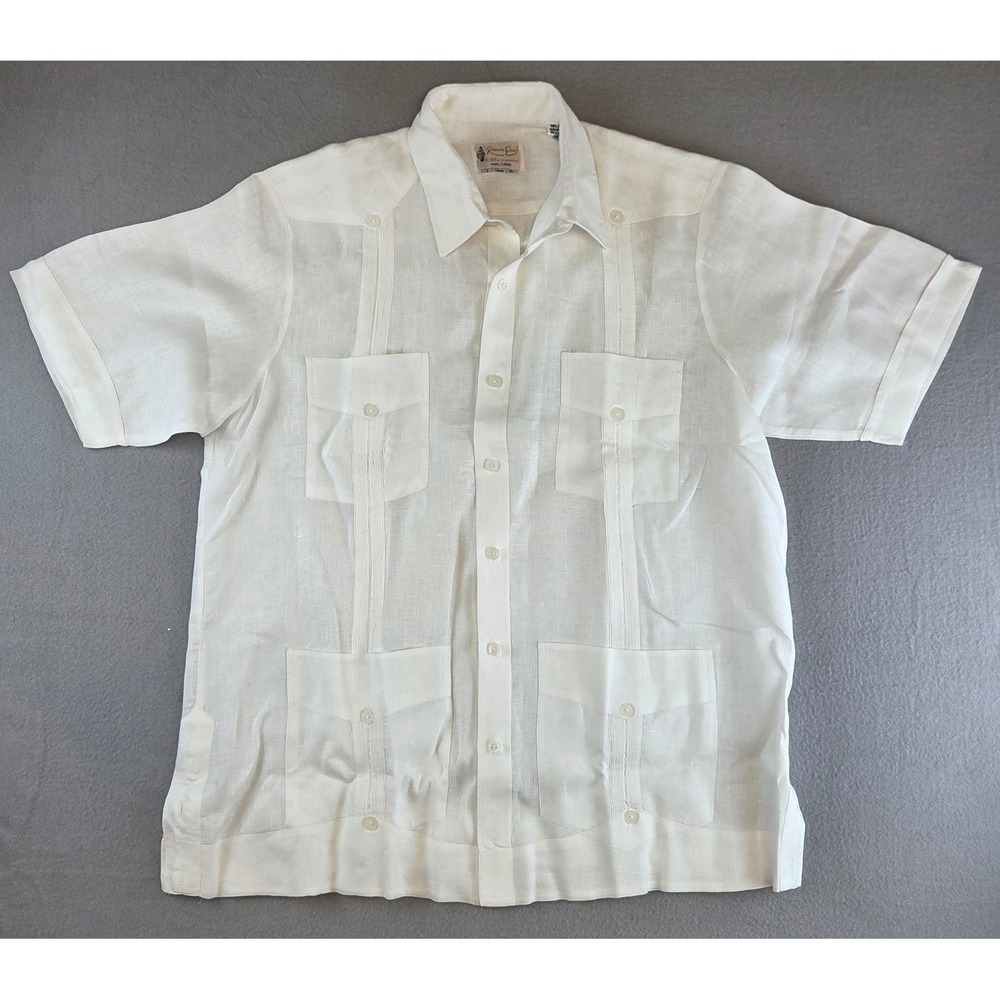 Ramon Puig Guayabera Shirt Mens L Long White 100% Linen 4 Pocket Cuban Miami